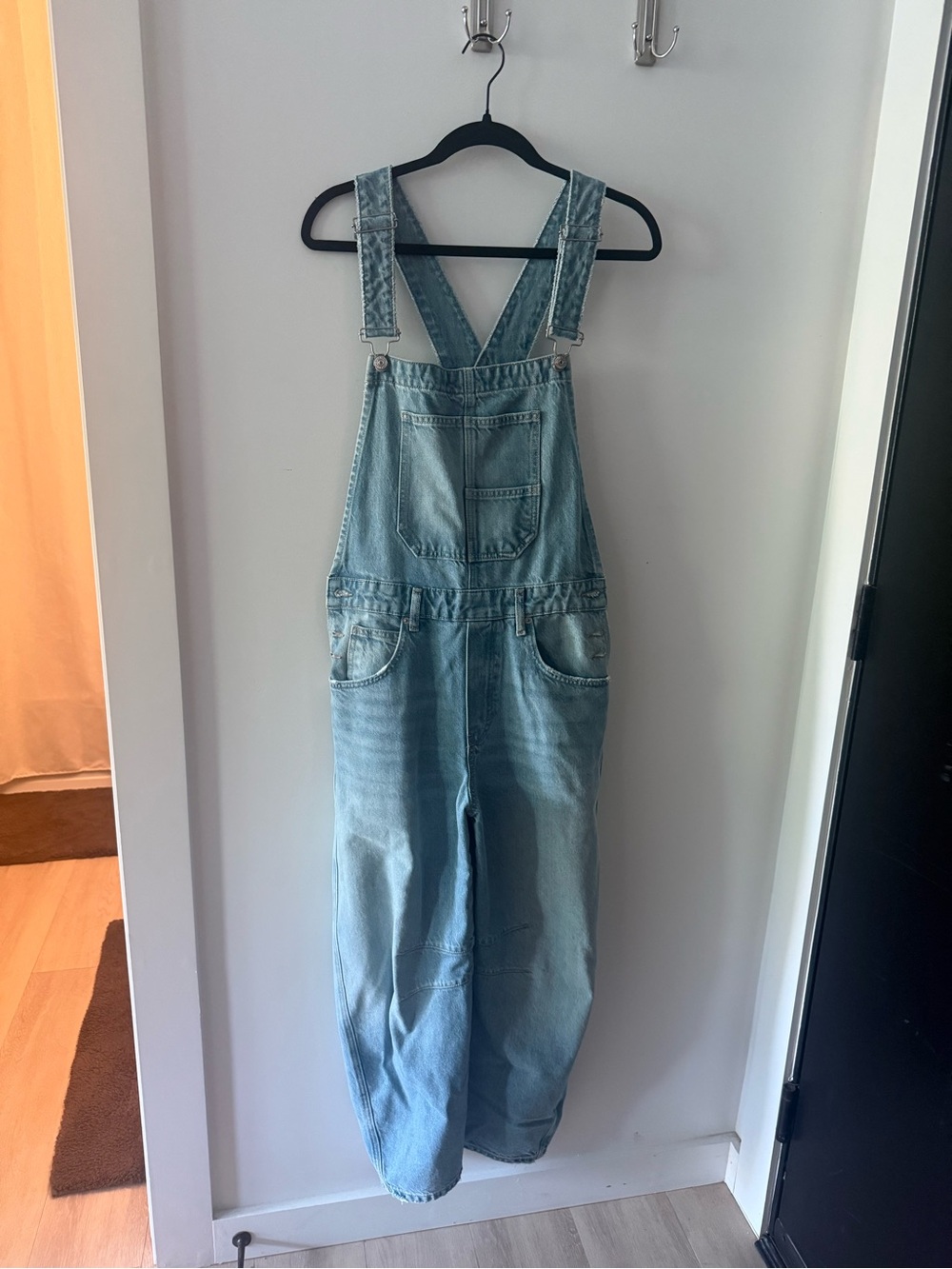Free People Light Wash Denim Barrel Overalls